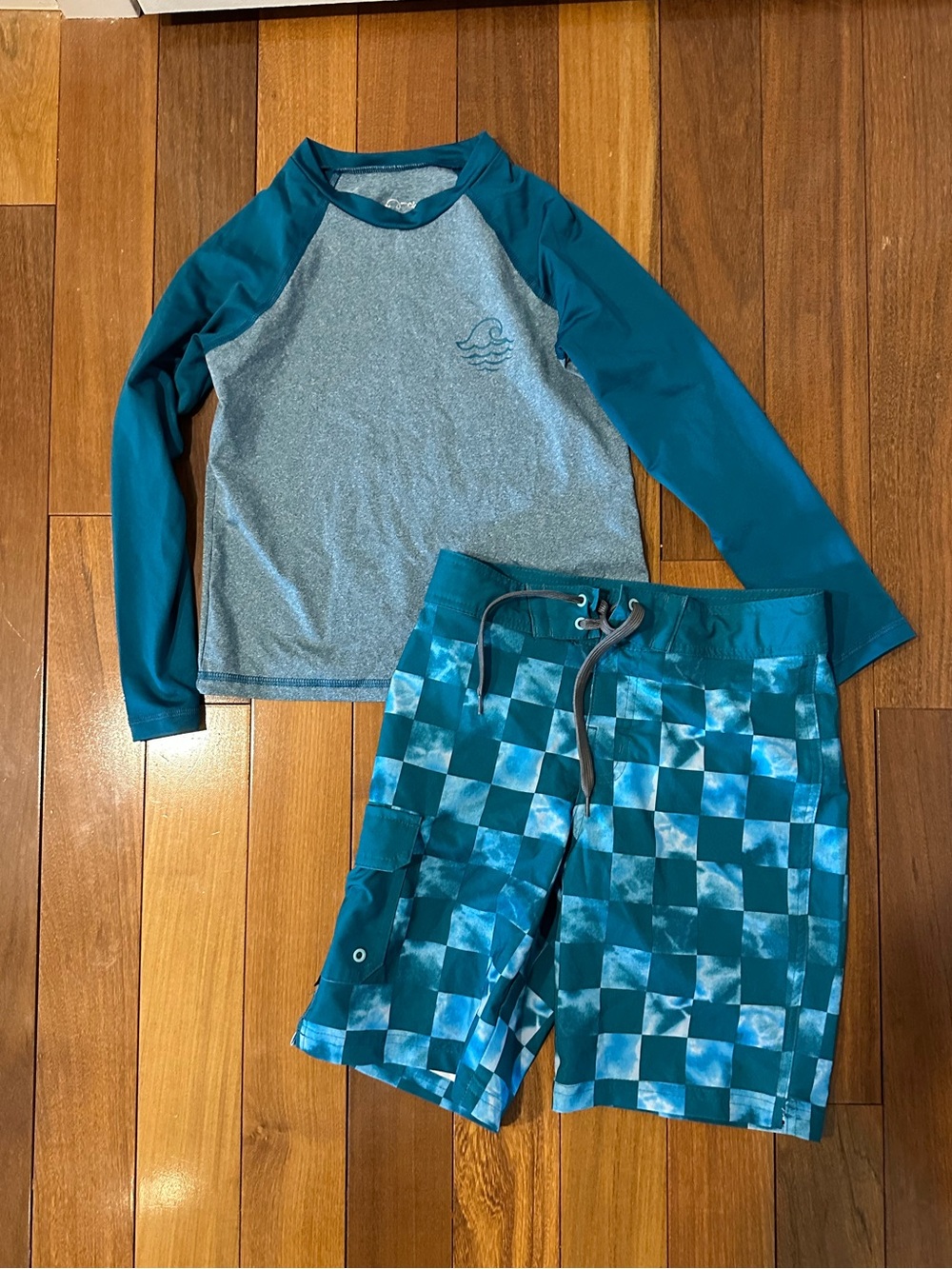 Kids Teal Rash Guard Set - Long Sleeve Top & Check Swim Shorts
